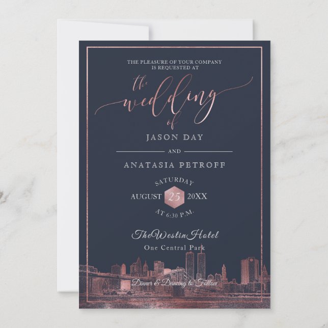 PixDezines NYC Skyline/Faux Rose Gold/DIY Navy Invitation (Back)