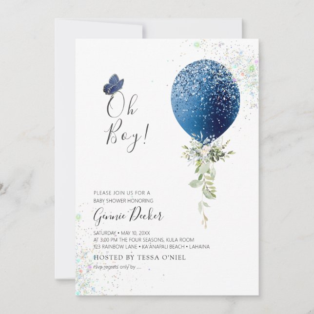 PixDezines Oh Boy Blue Balloon Baby Shower Invitation (Front)