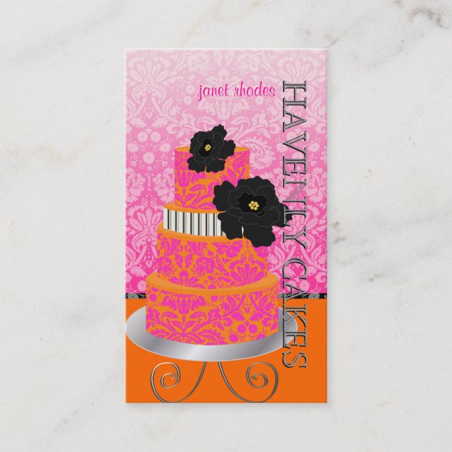 PixDezines Orange+Hot Pink damask cake/pâtisserie Business Card (Front)