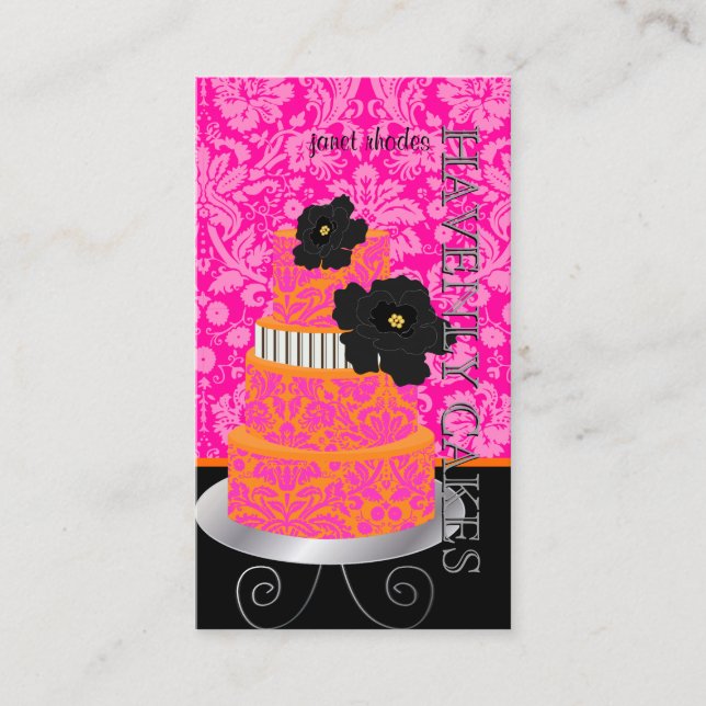 PixDezines Orange+Hot Pink damask cake/pâtisserie Business Card (Front)