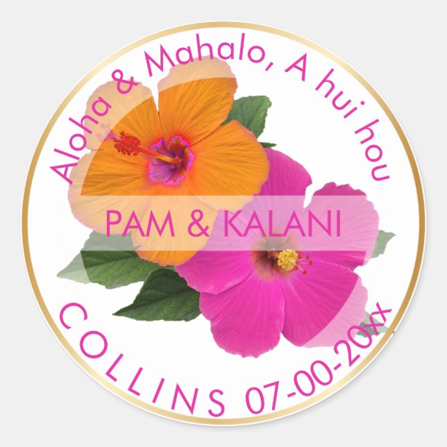 PixDezines Orange/Pink Hibiscus/Aloha/Mahalo Classic Round Sticker (Front)