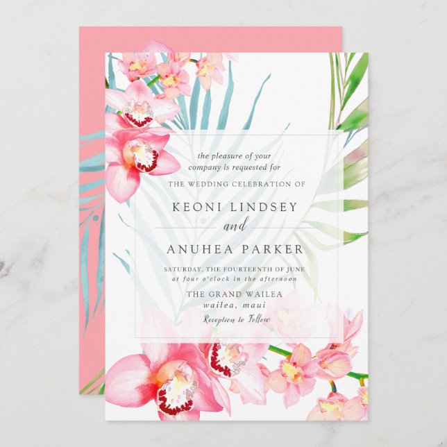 PixDezines Orchid Isle, Blissful Pink Orchid Palms Invitation (Front/Back)