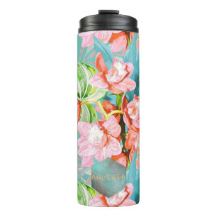 PixDezines Orchid Isle, Orange Cymbidium, Teal Thermal Tumbler