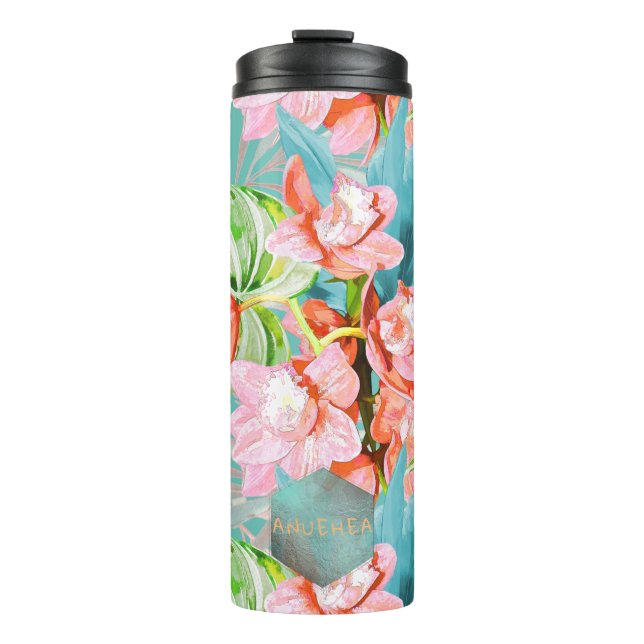 PixDezines Orchid Isle, Orange Cymbidium, Teal Thermal Tumbler (Front)