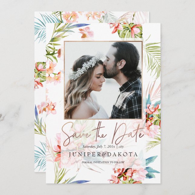 PixDezines Orchid Isle, Peach Orchid+Palms Invitation (Front/Back)