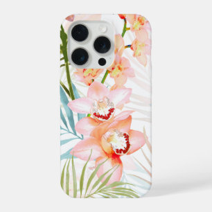 PixDezines Orchid Isle, Peachy Orchids Blue Palms iPhone 15 Pro Case