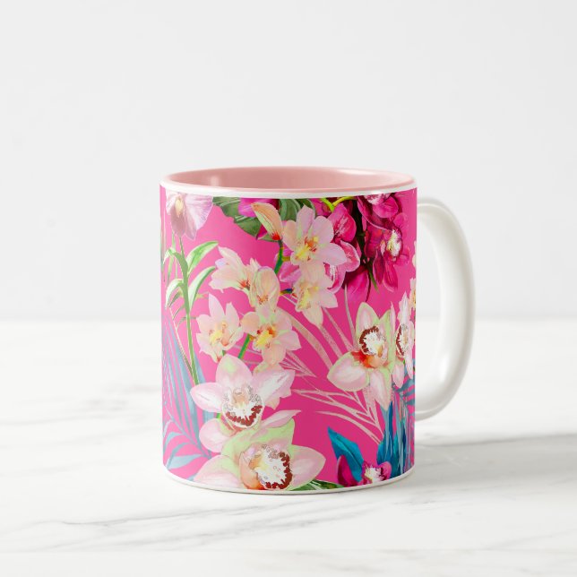 PixDezines Orchid Isle, Pink Orchid+Blue Foliage Two-Tone Coffee Mug (Front Right)