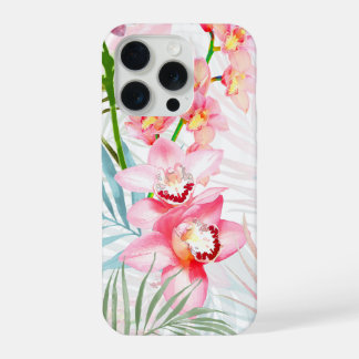 PixDezines Orchid Isle, Pink Orchids Blue Palms iPhone 15 Pro Case