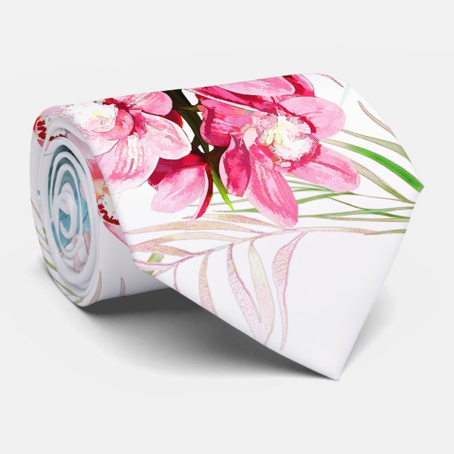 PixDezines Orchid Isle, Pink Orchids Blue Palms Tie (Rolled)