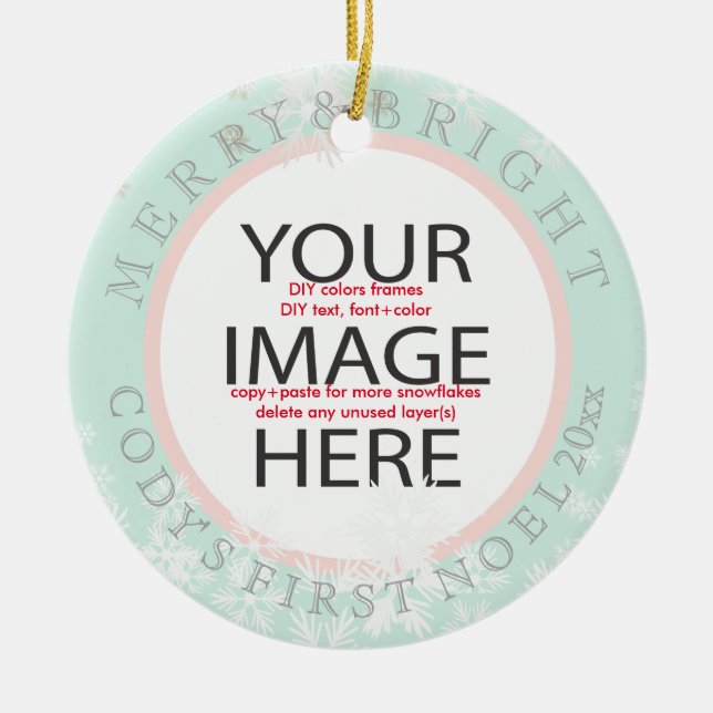 PixDezines our first christmas photo/DIY colours Ceramic Tree Decoration (Front)