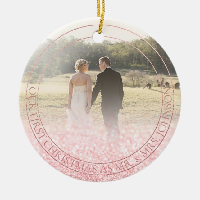 PixDezines Our First Christmas, Rose Gold Glitter Ceramic Tree Decoration (Front)