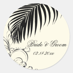 PixDezines palm frond wedding stickers/black+beige Classic Round Sticker