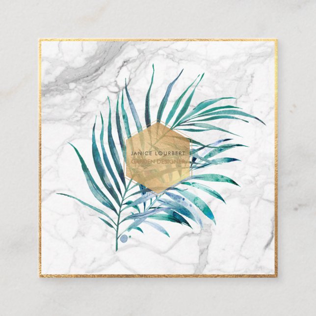 PixDezines PALM FRONDS, FAUX GOLD+MARBLE Square Business Card (Front)