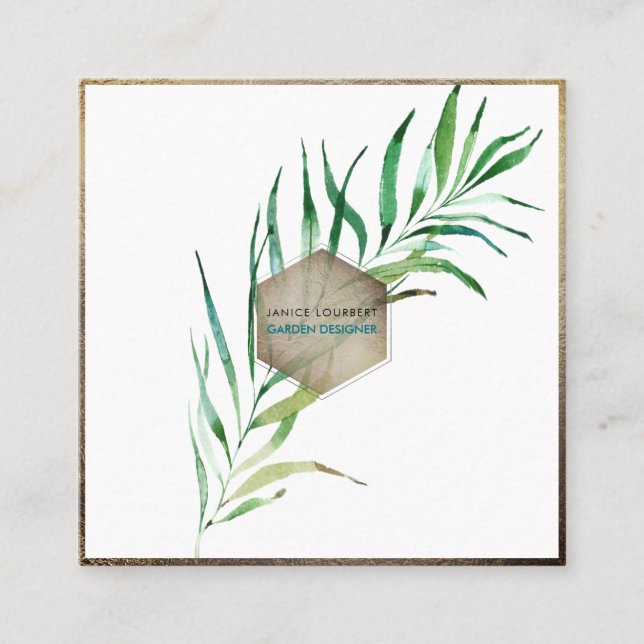 PixDezines PALM FRONDS, GREENERY Square Business Card (Front)