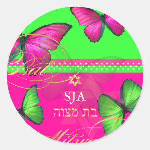 PixDezines Papillon, retro Bat Mitzvah Classic Round Sticker