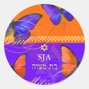 PixDezines Papillon, retro Bat Mitzvah Classic Round Sticker