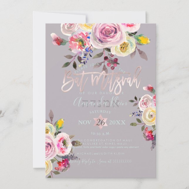 PixDezines Pastel Floral Watercolor Bat Mitzvah Invitation (Front)