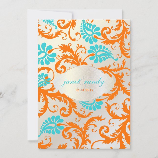 PixDezines pavo damask/coral+aqua Invitation (Front)