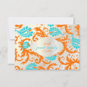 PixDezines pavo damask/coral+blue RSVP Card