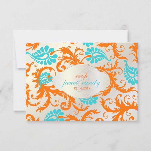 PixDezines pavo damask/coral+blue RSVP Card (Front)