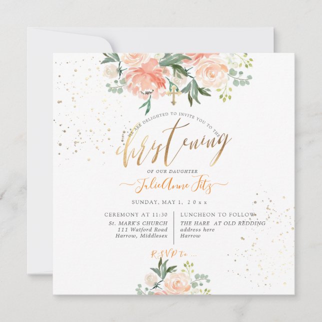 PixDezines Peach Watercolor Flowers Christening Invitation (Front)