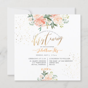 PixDezines Peach Watercolor Flowers Christening Invitation