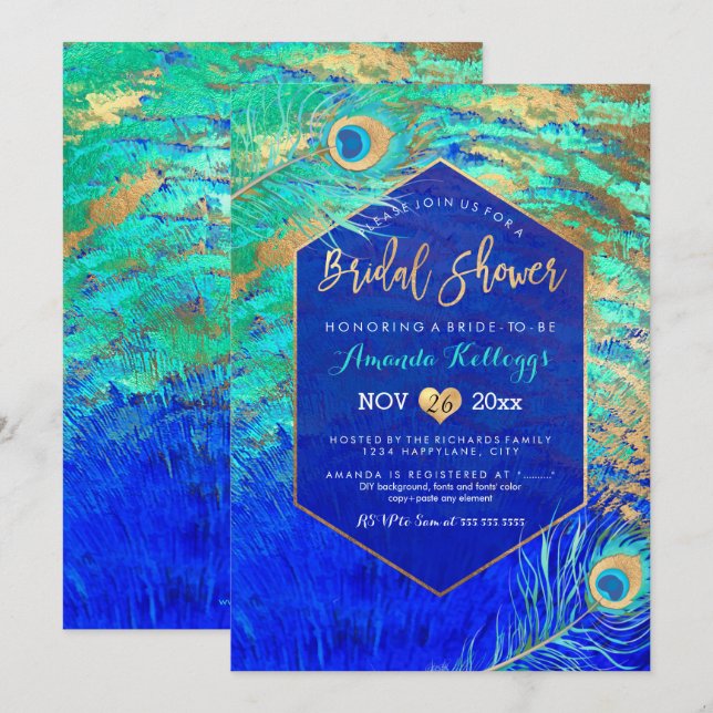 PixDezines Peacock Bridal Shower+Faux Gold Invitation (Front/Back)
