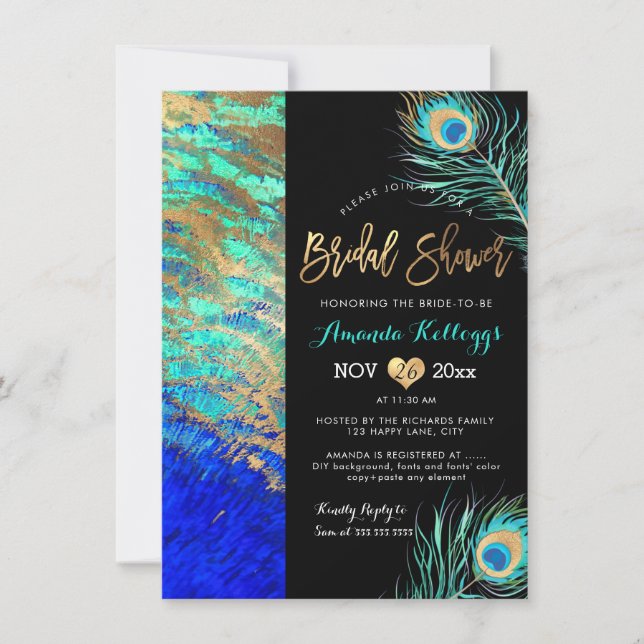PixDezines Peacock Bridal Shower+Faux Gold Invitation (Front)
