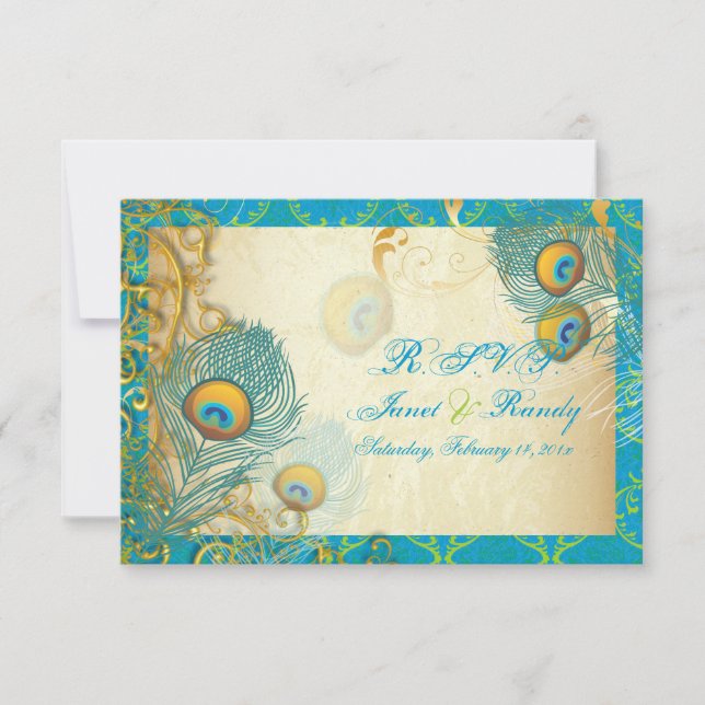 PixDezines peacock feather/aqua/turquoise RSVP Card (Front)