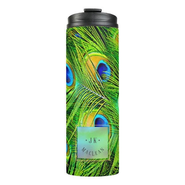 PixDezines Peacock Feather Electric Lime Green Thermal Tumbler (Front)