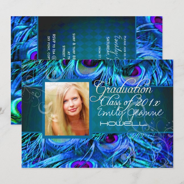 PixDezines Peacock Feather Graduation Invitation (Front/Back)