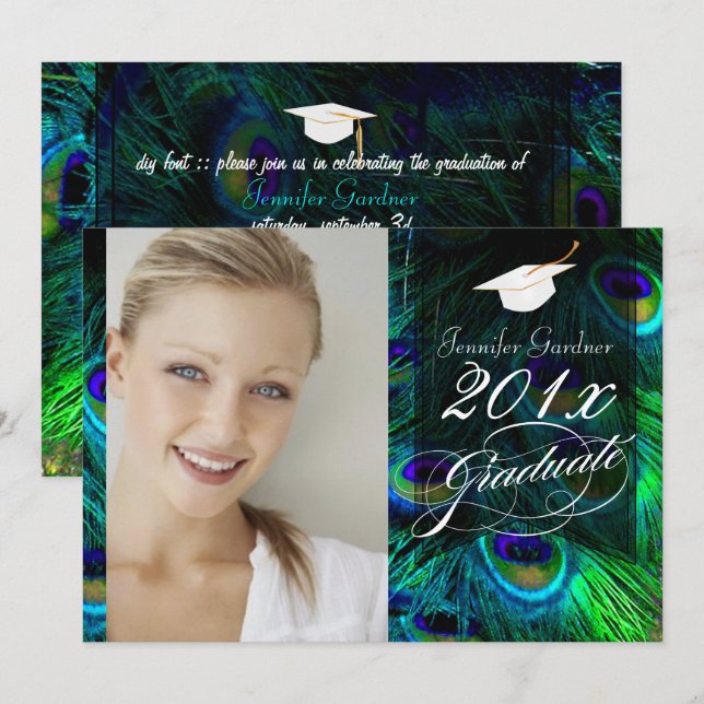 PixDezines Peacock Feather Graduation Invitation (Front/Back)