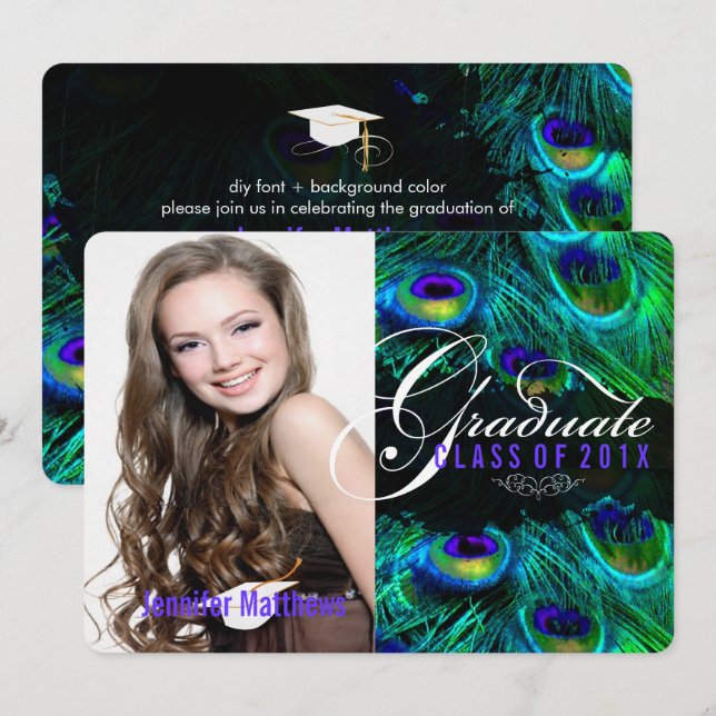 PixDezines peacock feather graduation/photo Invitation (Front/Back)