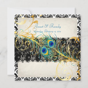 PixDezines peacock pzazz, damask+black lace Invitation
