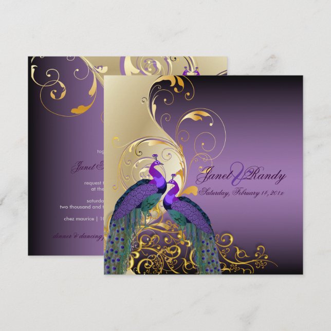 PixDezines PEACOCKS/PURPLE/GOLD/FILIGREE/SWILRS Invitation (Front/Back)