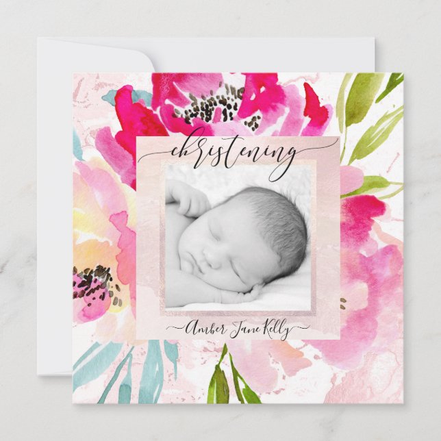 PixDezines Photo Christening Watercolor Flowers Invitation (Front)