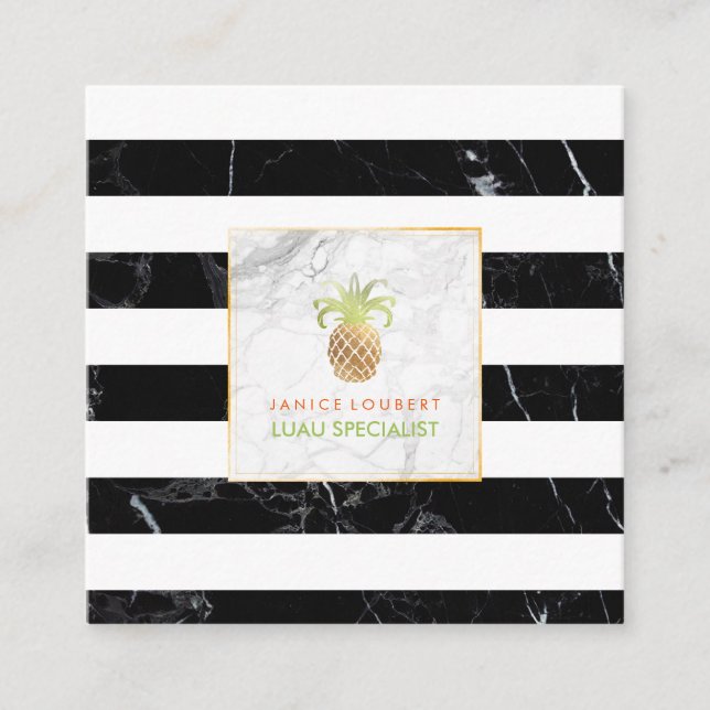 PixDezines Pineapples/Black Stripes Marble Square Business Card (Front)