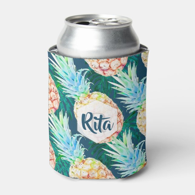 PixDezines Pineapples+Monstera Watercolor Can Cooler (Can Front)