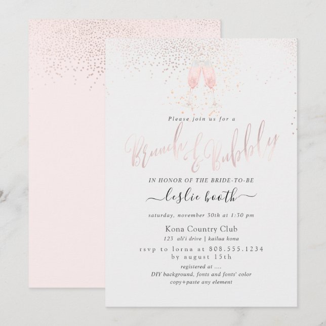 PixDezines Pink Champagne Bubbles Brunch+Bubbly Invitation (Front/Back)