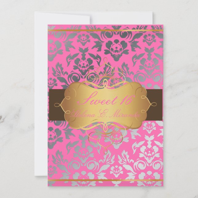 PixDezines Pink Damask/Sweet 16/tiara/diy colours Invitation (Front)