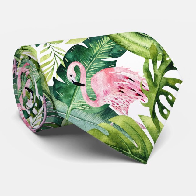 PixDezines Pink Flamingo+Tropical Foliage Tie (Rolled)