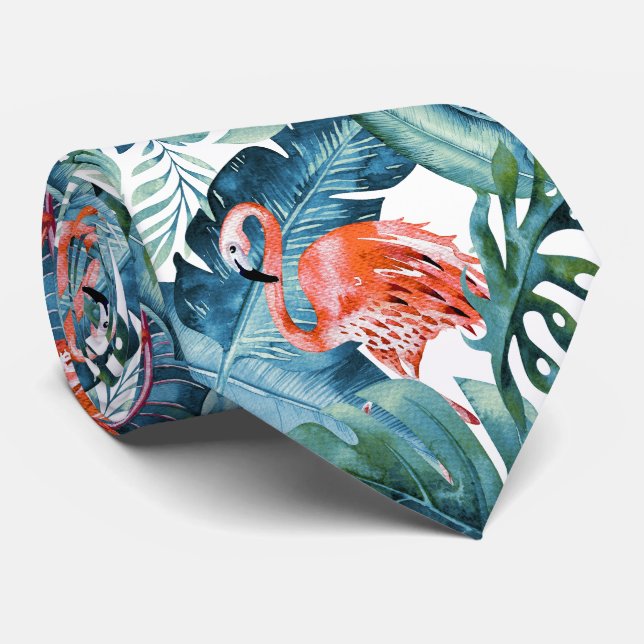 PixDezines Pink Flamingo+Tropical Foliage Tie (Rolled)