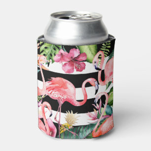 PixDezines Pink Flamingos+Floral Watercolor Can Cooler
