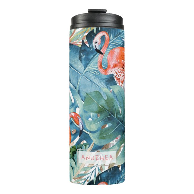 PixDezines Pink Flamingos+Tropical Foliage Thermal Tumbler (Front)