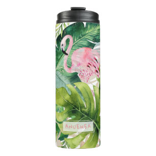 PixDezines Pink Flamingos+Tropical Foliage Thermal Tumbler