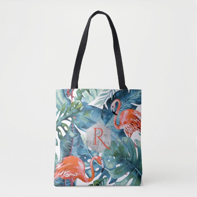 PixDezines Pink Flamingos+Tropical Greenery Tote Bag (Front)