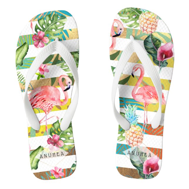 PixDezines PINK FLAMINGOS, TROPICAL THEME Flip Flops (Footbed)