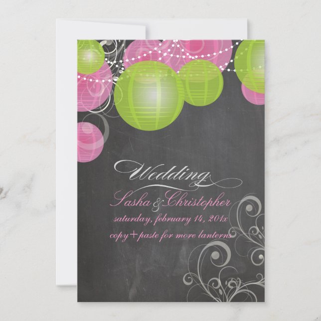 PixDezines pink+green lanterns/chalkboard Invitation (Front)