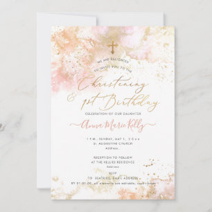PixDezines Pink H2 Christening+1st Birthday Invita Invitation