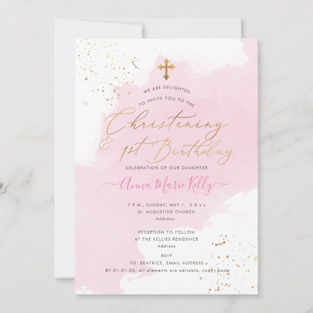 PixDezines Pink H2 Christening+1st Birthday Invitation (Front)